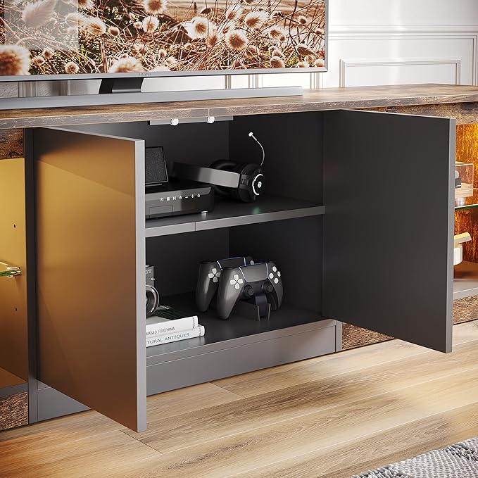Bestier 70 Inch Led TV Stand for 75 Inch TV Large Entertainment Center Gaming with Adjustable Glass Shelves Two Cabinets Modern TV Console for Living Room 22 RGB Modes, Rustic Brown - LeafyLoom