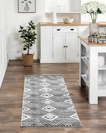 nuLOOM Arie Tribal Diamond Machine Washable Ultra Thin Runner Rug, 2' 6" x 8', Grey - LeafyLoom