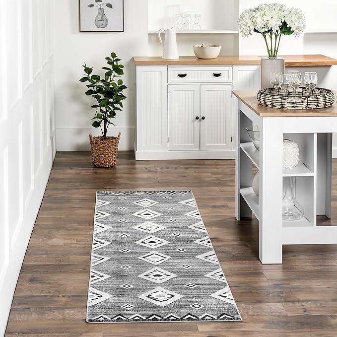 nuLOOM Arie Tribal Diamond Machine Washable Ultra Thin Runner Rug, 2' 6" x 8', Grey - LeafyLoom