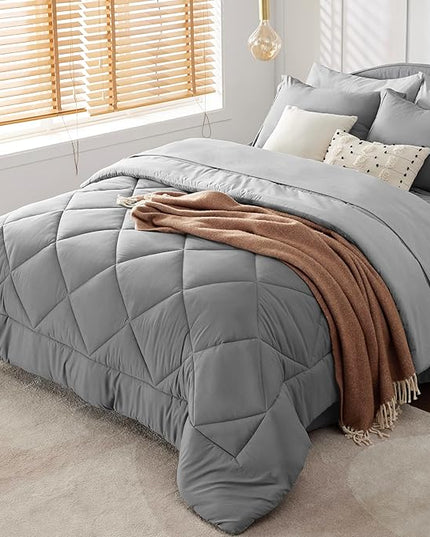 Bedsure Twin Comforter Set - 5 Pieces Reversible Twin Bed Set, Grey Extra Long Twin Bed in a Bag with Comforters, Sheets, Pillowcase & Sham, Bedding Set Twin for College - LeafyLoom