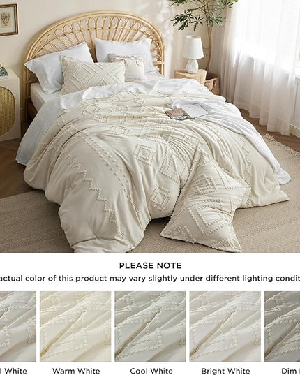 Bedsure Boho Comforter Set Twin - Beige Tufted Bedding Comforter Set, 2 Pieces Farmhouse Shabby Chic Embroidery Bedding Set, Soft Geometric Pattern Comforter for All Seasons - LeafyLoom