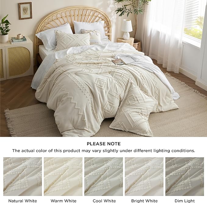 Bedsure Boho Comforter Set Full - Beige Tufted Bedding Comforter Set, 3 Pieces Farmhouse Shabby Chic Embroidery Bedding Set, Soft Geometric Pattern Comforter for All Seasons - LeafyLoom