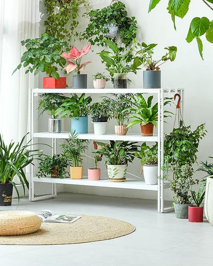 HCHQHS Bookshelf, 3-Tier Industrial Bookcase, White Open Book Shelf, Freestanding Horizontal Bookshelves with Metal Frame - LeafyLoom