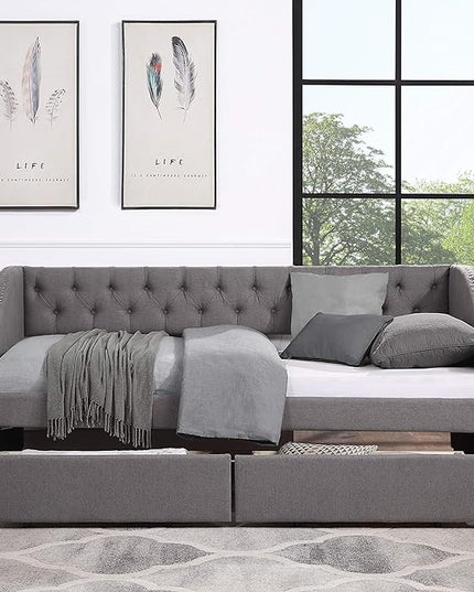 Twin Size Upholstered Linen Fabric Daybed with Two Drawers,Wooden Storage Bed Frame,W/Diamond-Tufted Backrest & 2 Armrests,Wood Slat Support,for Living Room Bedroom,Gray - LeafyLoom