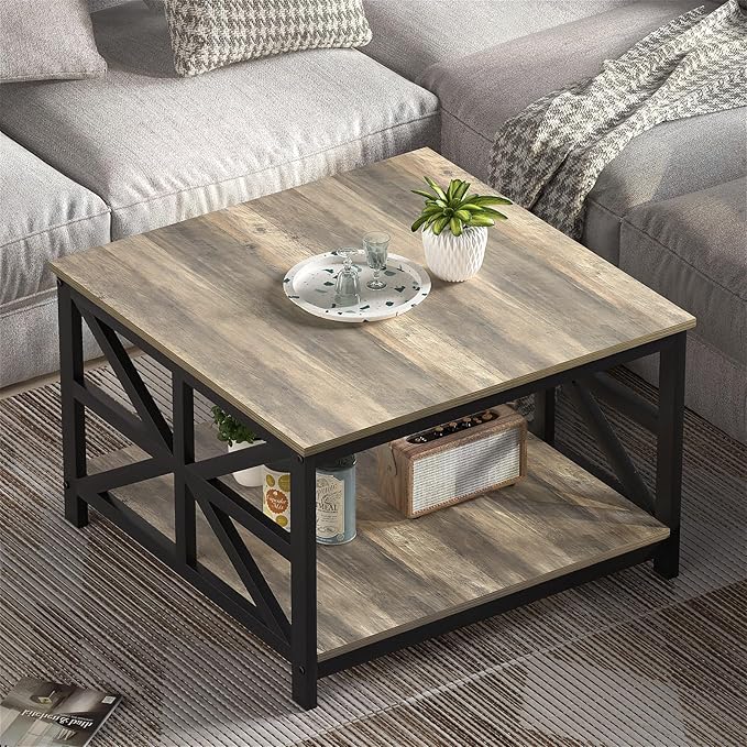 GreenForest Coffee Table with Storage, Small Coffee Table with Split Tabletop for Living Room, 27.6 inch Farmhouse Square Sofa Table Center Table for Small Spaces, Easy Assembly, Grey Wash - LeafyLoom