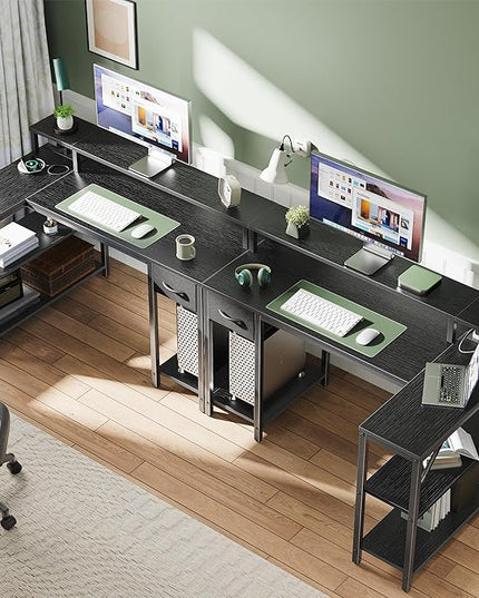 SUPERJARE 47 inch Reversible L Shaped Desk with LED Lights & Power Outlets, Computer Desk with Shelves & Monitor Stand, Gaming Desk with Drawer, Home Office Desk Corner Desk, Black - LeafyLoom