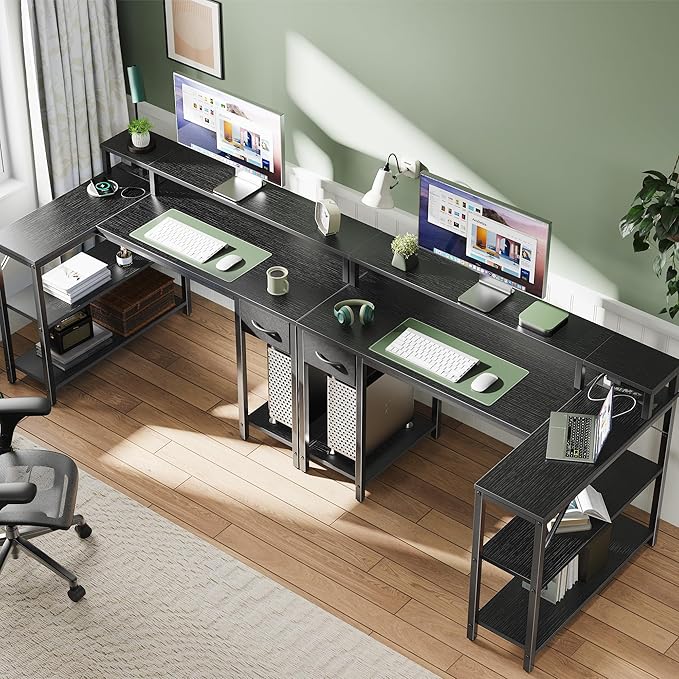 SUPERJARE 47 inch Reversible L Shaped Desk with LED Lights & Power Outlets, Computer Desk with Shelves & Monitor Stand, Gaming Desk with Drawer, Home Office Desk Corner Desk, Black - LeafyLoom