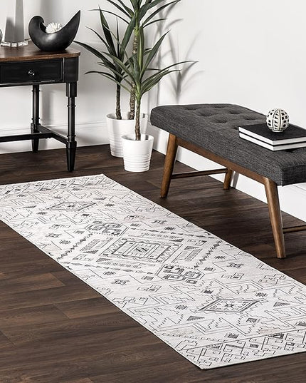 nuLOOM Malena Tribal Bordered Machine Washable Ultra Thin Runner Rug, 2' 6" x 8', Light Grey - LeafyLoom