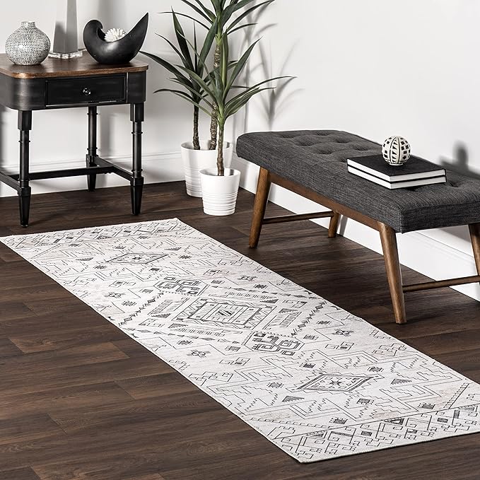nuLOOM Malena Tribal Bordered Machine Washable Ultra Thin Runner Rug, 2' 6" x 8', Light Grey - LeafyLoom