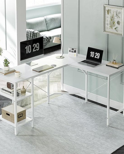 CubiCubi L Shaped Desk, 59.1 Inch Reversible Corner Desk with Storage Shelves, Home Office Desk for Writing Gaming Study, White - LeafyLoom