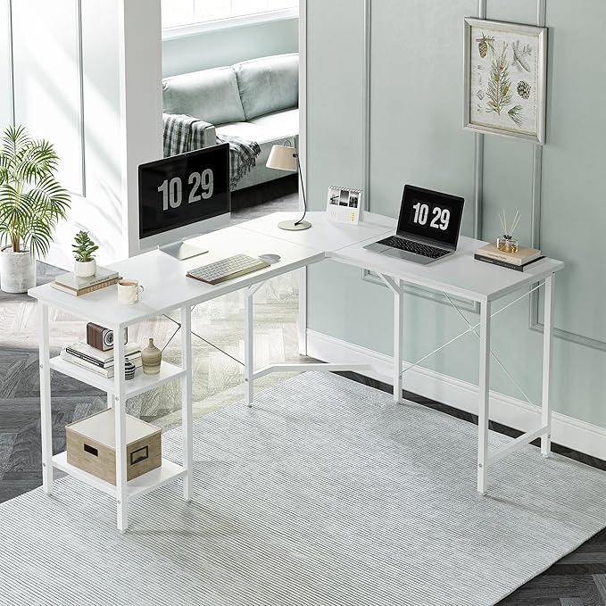 CubiCubi L Shaped Desk, 59.1 Inch Reversible Corner Desk with Storage Shelves, Home Office Desk for Writing Gaming Study, White - LeafyLoom
