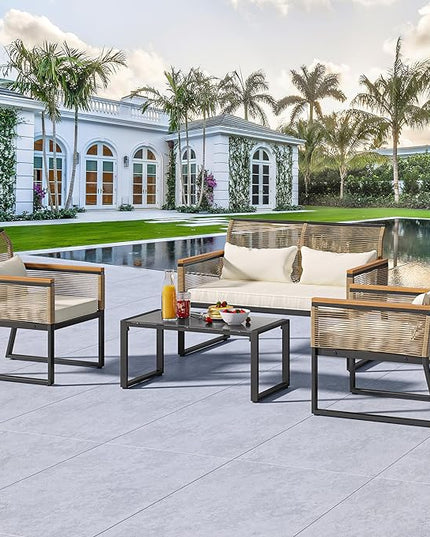 YITAHOME Patio Furniture Wicker Outdoor Bistro Set, 4-Piece All Weather Rattan Conversation Loveseat for Backyard, Balcony and Deck with Wooden Armrest, Gray Cushions and Metal Coffee Table - LeafyLoom