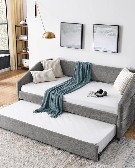 Linen Upholstered Twin Size Daybed with Twin Size Trundle, Solid Wood Tufted Sofa Bed Frame for Bedroom, Guest Room, Dorm, No Box Spring Needed, Space-Saving Design, Grey - LeafyLoom