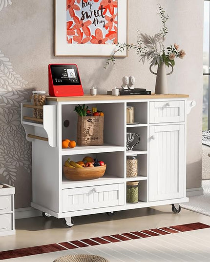 Kitchen Island with Storage on Wheels,Kitchen Island Cart w/Wine Storage Rack and 2 Drawers, Solid Wood Desktop Buffet Server Sideboard for Dining Room, Coffee Bar - LeafyLoom
