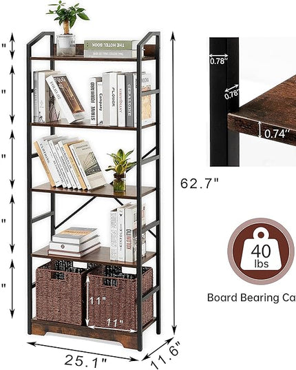 Vagusicc 5 Tier Bookshelf with 2 Storage Baskets, Tall Bookcase Shelf Storage Organizer Wood Book Shelf, Modern Shelf Rack Shelves with Steel Frame, Multipurpose Bookshelf for Bedroom Living Room - LeafyLoom