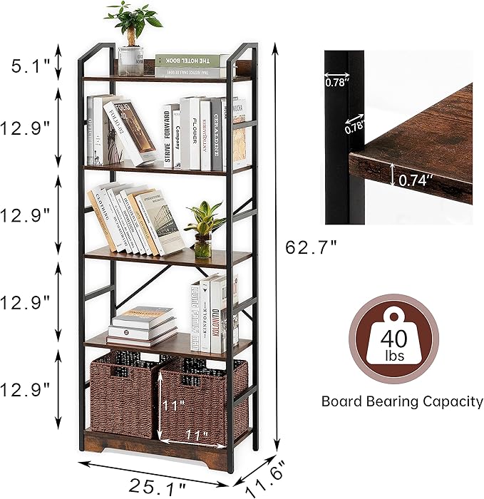 Vagusicc 5 Tier Bookshelf with 2 Storage Baskets, Tall Bookcase Shelf Storage Organizer Wood Book Shelf, Modern Shelf Rack Shelves with Steel Frame, Multipurpose Bookshelf for Bedroom Living Room - LeafyLoom