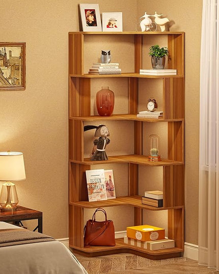 6-Shelf Corner Bookshelf, 65” Tall L Shaped Bookcase, 6-Tier Industrial Corner Shelf Storage Display Rack for Living Room Home Office, Wood Grain Walnut - LeafyLoom