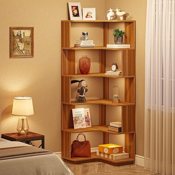 6-Shelf Corner Bookshelf, 65” Tall L Shaped Bookcase, 6-Tier Industrial Corner Shelf Storage Display Rack for Living Room Home Office, Wood Grain Walnut - LeafyLoom