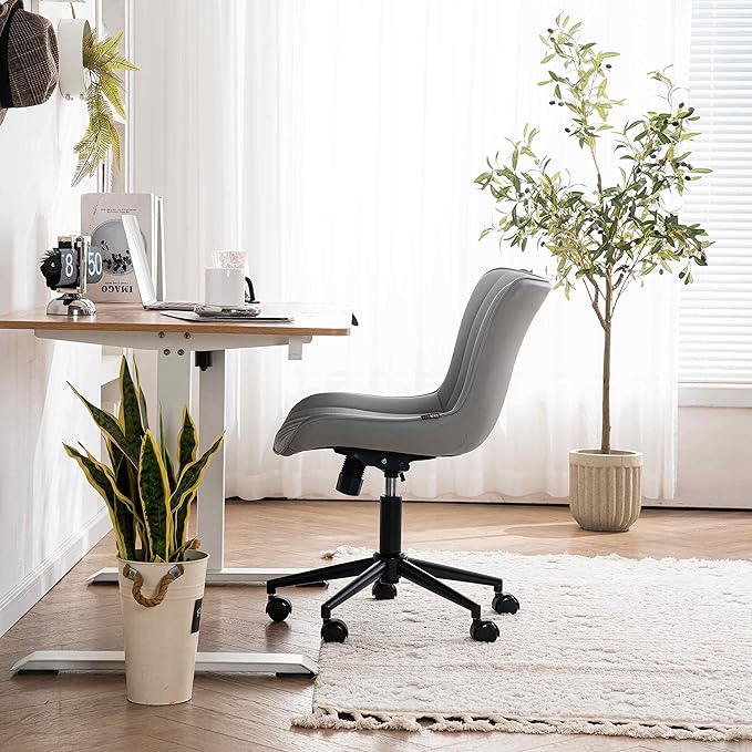 YOUNIKE Armless Office Chair with Wheels Swivel Rolling Computer Chair, Upholstered Leather Desk Chair, Modern Adjustable Rolling Task Chair, Grey - LeafyLoom