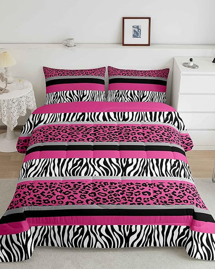 Zebra Stripes Comforter Leopard Print Comforter Set For Kids Boys Girls Pink Black White Zebra Leopard Fur Bedding Set Ultra Soft Decor Wild Animal Skin Texture Pattern Duvet Set Twin Size Quilt Set - LeafyLoom