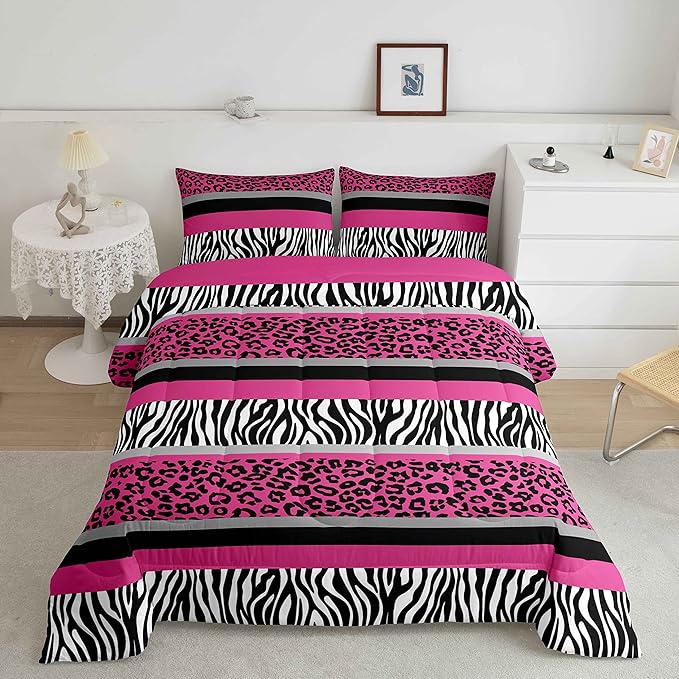 Zebra Stripes Comforter Leopard Print Comforter Set For Kids Boys Girls Pink Black White Zebra Leopard Fur Bedding Set Ultra Soft Decor Wild Animal Skin Texture Pattern Duvet Set Twin Size Quilt Set - LeafyLoom