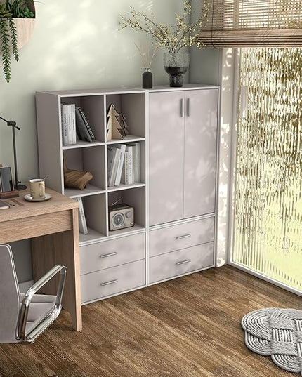 Apexa Stackable Wood Bookcase with Doors, Cube Storage Organizer Shelves, Small Food Pantry, Dorm Teen Room Decor & Bedroom, Home Office, Kitchen, 3-Tier Cabinet, Greige - LeafyLoom