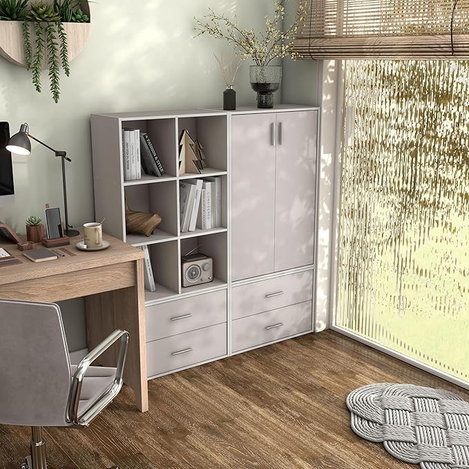 Apexa Stackable Wood Bookcase with Doors, Cube Storage Organizer Shelves, Small Food Pantry, Dorm Teen Room Decor & Bedroom, Home Office, Kitchen, 3-Tier Cabinet, Greige - LeafyLoom