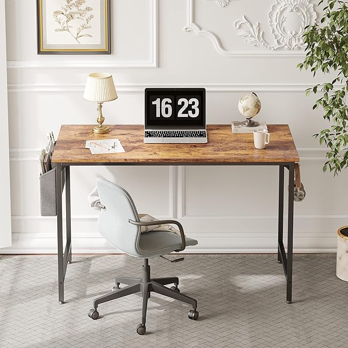CubiCubi Study Computer Desk 32" Home Office Writing Small Desk, Modern Simple Style PC Table, Black Metal Frame, Rustic Brown - LeafyLoom