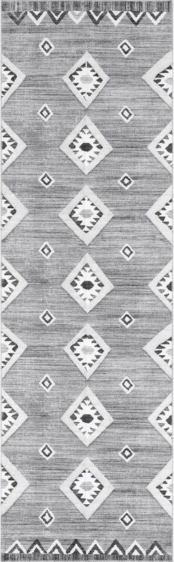 nuLOOM Arie Tribal Diamond Machine Washable Ultra Thin Runner Rug, 2' 6" x 8', Grey - LeafyLoom