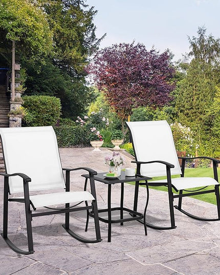 Shintenchi 3 Piece Rocking Bistro Set, Outdoor Furniture with Rocker Chairs and Glass coffee table set of 3, Balcony, Porch Furniture for Small Space, White - LeafyLoom