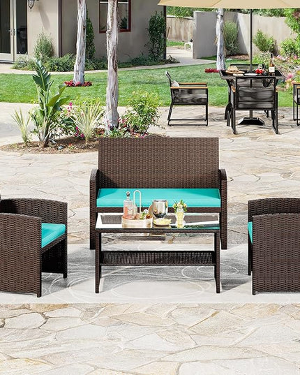 YITAHOME Patio Furniture Wicker Outdoor Bistro Set, 4-Piece All Weather Rattan Conversation Loveseat for Backyard, Balcony and Deck w/Soft Cushions and Metal Coffee Table (Brown+Blue) - LeafyLoom