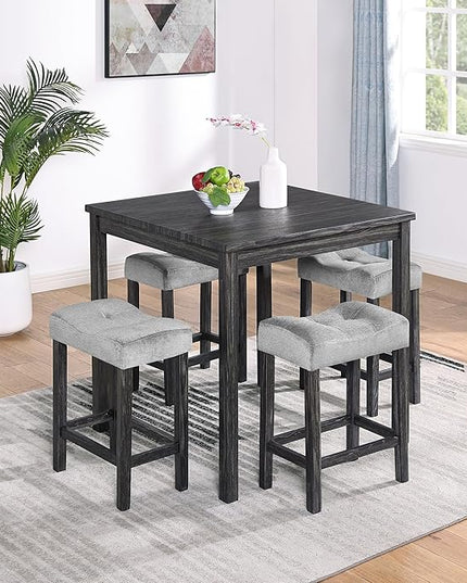 RITSU 5 Piece Square, Bar Chairs Set, Bistro Industrial Breakfast Table + 4 Upholstered Stools, for Living, Small Apartment, Dining, Game Room, Black+Gray - LeafyLoom