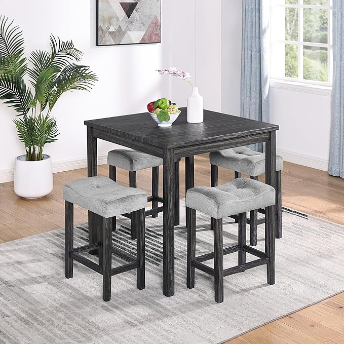 RITSU 5 Piece Square, Bar Chairs Set, Bistro Industrial Breakfast Table + 4 Upholstered Stools, for Living, Small Apartment, Dining, Game Room, Black+Gray - LeafyLoom