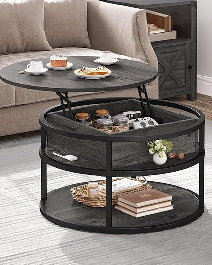 DWVO Round Coffee Tables for Living Room,Lift Top Coffee Table with Storage, Farmhouse Wood Coffee Table,Circle Coffee Tables Living Room for Home Office,Grey - LeafyLoom