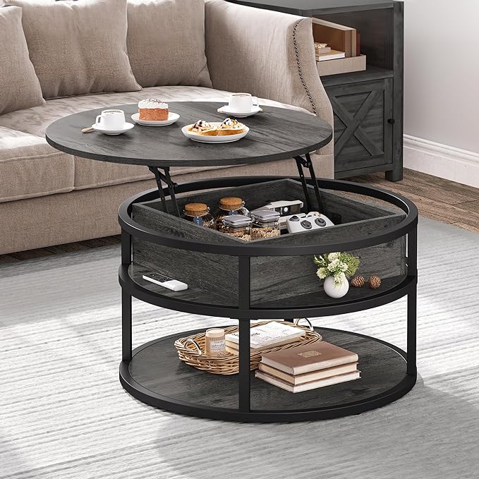 DWVO Round Coffee Tables for Living Room,Lift Top Coffee Table with Storage, Farmhouse Wood Coffee Table,Circle Coffee Tables Living Room for Home Office,Grey - LeafyLoom