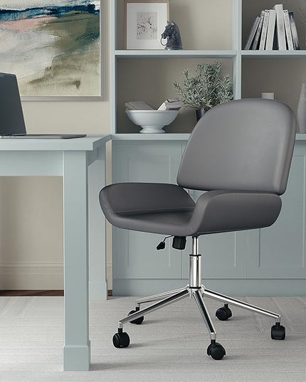 Martha Stewart Tyla Armless Swivel Task Chair for Home Office in Gray Faux Leather with Polished Nickel Frame - LeafyLoom