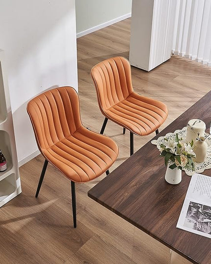 YOUNUOKE Dining Chairs Set of 2 Upholstered Mid Century Kitchen Chairs Armless Faux Leather Modern Side Chair with Padded Back Metal Legs for Living Room Bedrooms, Matte Orange - LeafyLoom