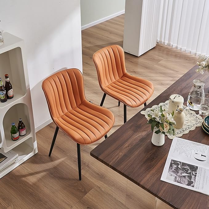 YOUNUOKE Dining Chairs Set of 2 Upholstered Mid Century Kitchen Chairs Armless Faux Leather Modern Side Chair with Padded Back Metal Legs for Living Room Bedrooms, Matte Orange - LeafyLoom