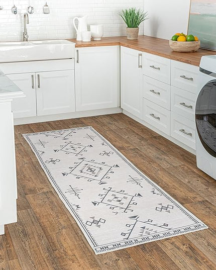 nuLOOM Evalyn Southwestern Machine Washable Ultra Thin Runner Rug, 2' 6" x 12', Cream - LeafyLoom