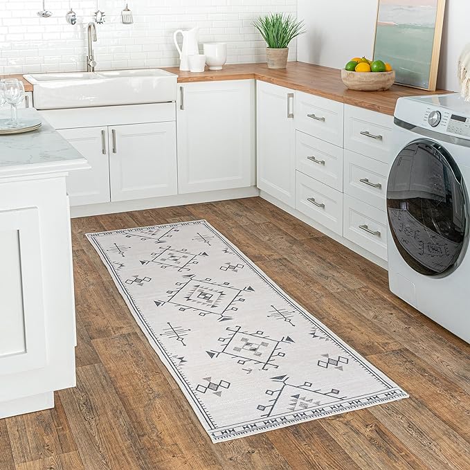 nuLOOM Evalyn Southwestern Machine Washable Ultra Thin Runner Rug, 2' 6" x 12', Cream - LeafyLoom