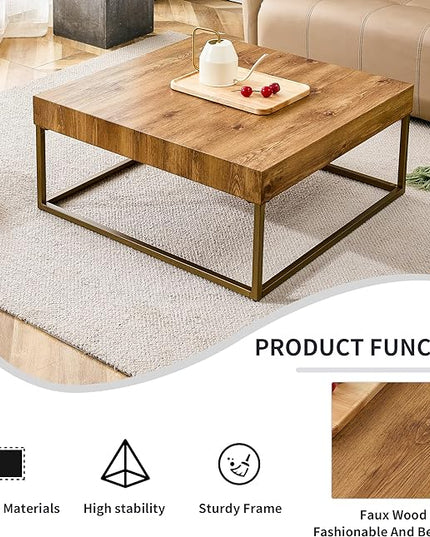31.5'' Modern Rectangular Coffee Table with Textured Wood Tabletop for Living Room with Metal Legs Frame Natural Wood Coffee Table - LeafyLoom