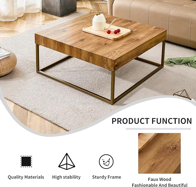 31.5'' Modern Rectangular Coffee Table with Textured Wood Tabletop for Living Room with Metal Legs Frame Natural Wood Coffee Table - LeafyLoom