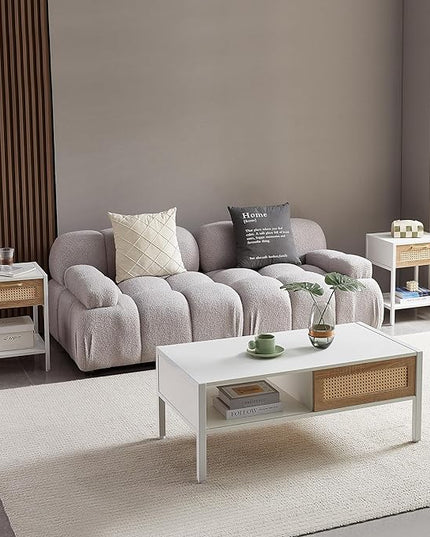 Rattan Coffee Table 40 Inch Mid Century Modern Coffee Table with Storage, Industrial Metal Rectangle Wood Center Table with Rattan Sliding Door for Living Room, White - LeafyLoom