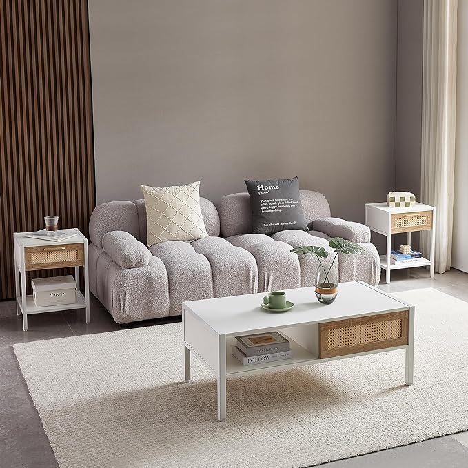 Rattan Coffee Table 40 Inch Mid Century Modern Coffee Table with Storage, Industrial Metal Rectangle Wood Center Table with Rattan Sliding Door for Living Room, White - LeafyLoom