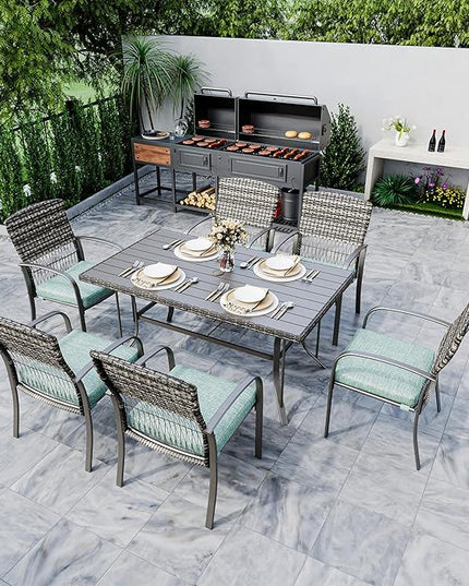 Pamapic Patio Dining Table Set, Outdoor Dining Set 7 Piece, Outdoor Wicker Furniture Set with Removable Cushions for Backyard Garden Deck/Iron Slats Table Top(Green) - LeafyLoom