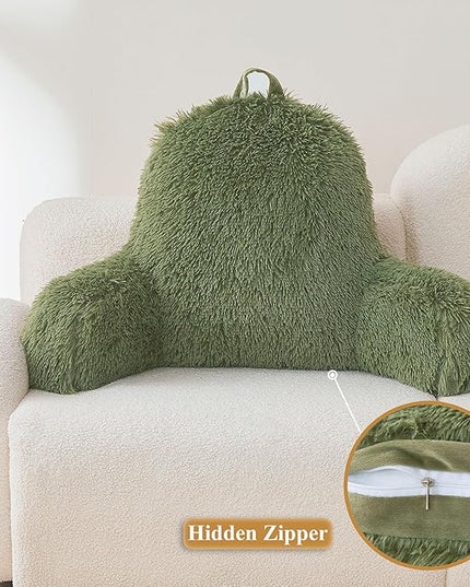 XeGe Faux Fur Reading Pillow Cover (No Filler), Fluffy Back Rest Pillow Case for Bed Sitting Up, Adults Kids Shaggy Sit Up Back Support Pillow Cover with Arms Couch Chair Home Decoration, Sage Green - LeafyLoom