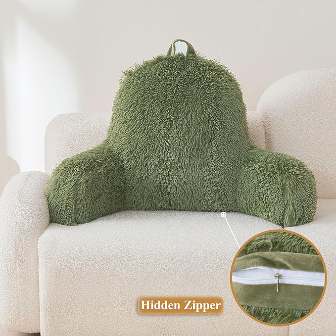 XeGe Faux Fur Reading Pillow Cover (No Filler), Fluffy Back Rest Pillow Case for Bed Sitting Up, Adults Kids Shaggy Sit Up Back Support Pillow Cover with Arms Couch Chair Home Decoration, Sage Green - LeafyLoom