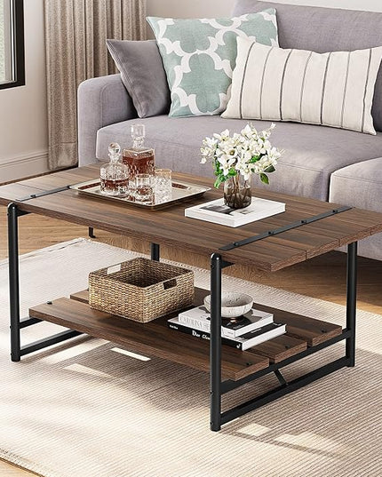 Towallmark 2-Tier Wood Coffee Table, Farmhouse Coffee Table with Storage Shelf- Rustic Metal Rectangle Center Living Room Coffee Table Accent Furniture for Home Office (Black Walnut) - LeafyLoom