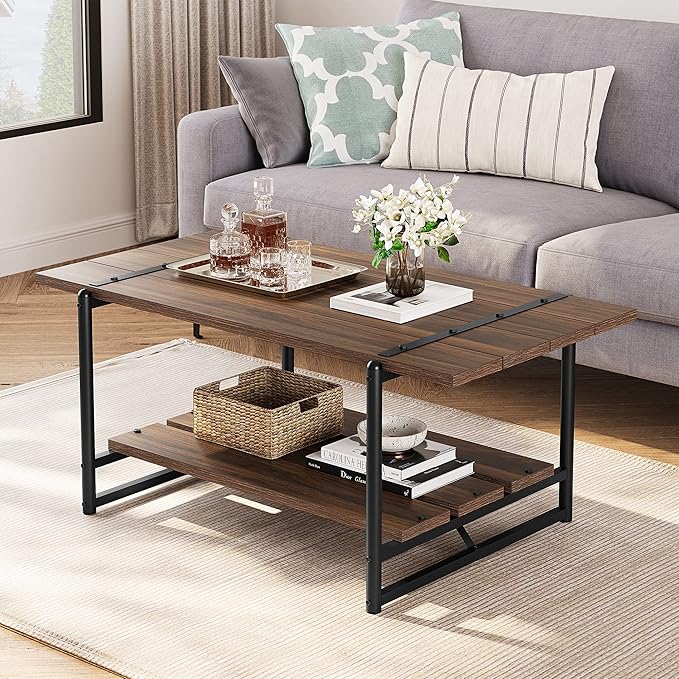 Towallmark 2-Tier Wood Coffee Table, Farmhouse Coffee Table with Storage Shelf- Rustic Metal Rectangle Center Living Room Coffee Table Accent Furniture for Home Office (Black Walnut) - LeafyLoom
