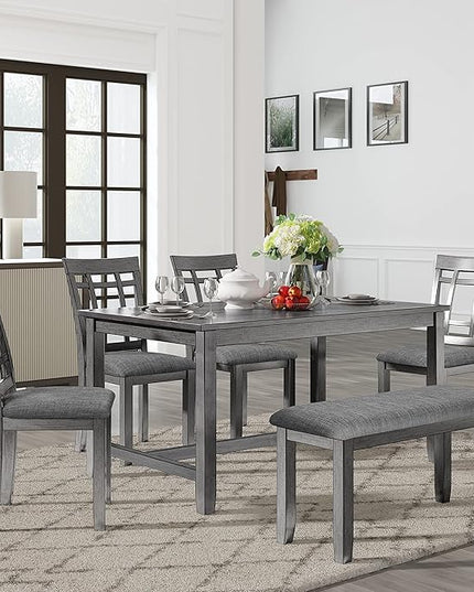 Farmhouse Style, Spacious 4 Chairs and Multifunctional Bench, Long-Lasting Solid Wood, for Kitchen, Room, 6 Piece Dining Table Set, Gray 7 - LeafyLoom
